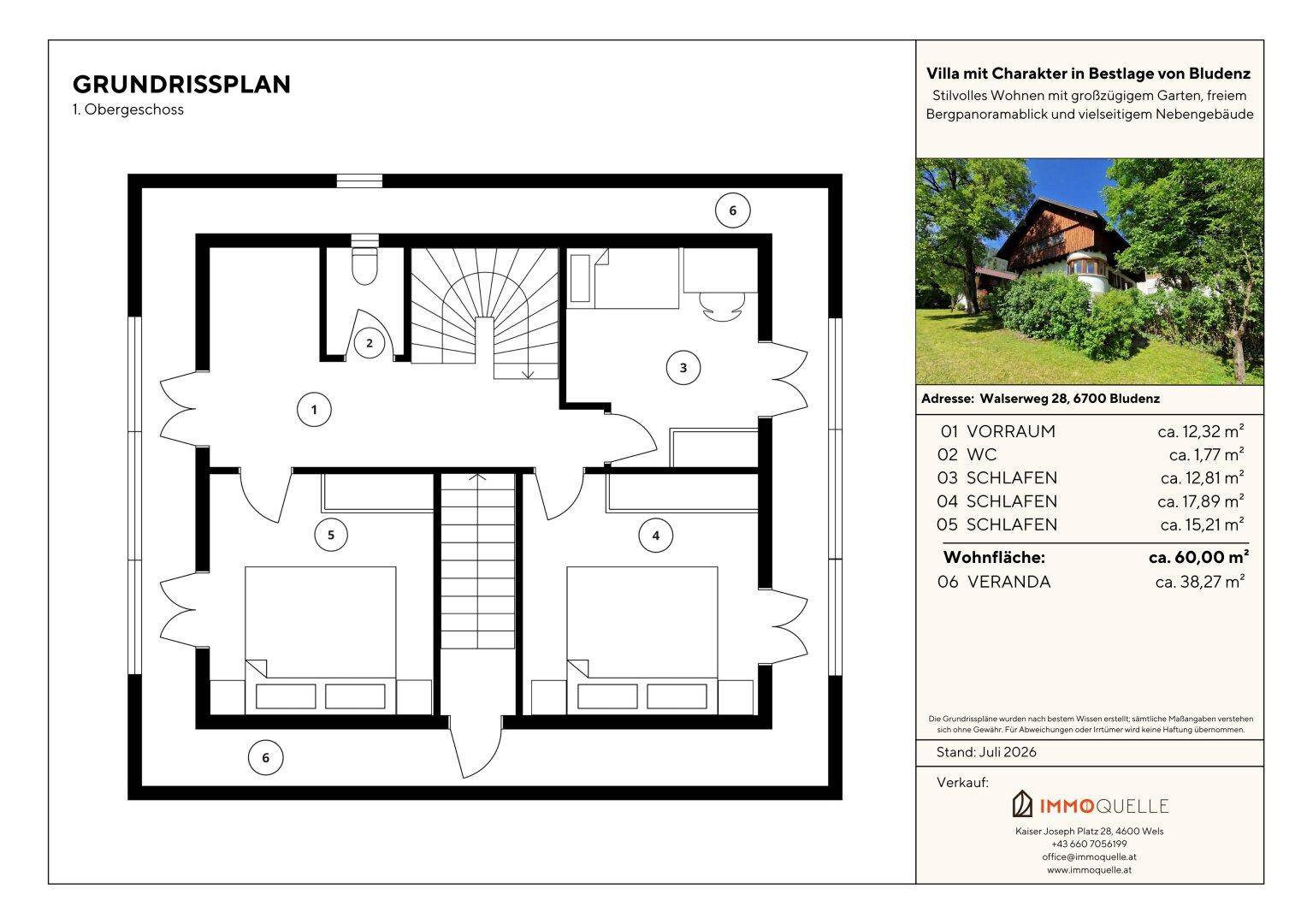 Grundriss des ersten Obergeschosses mit Schlafzimmern, WC und Veranda.