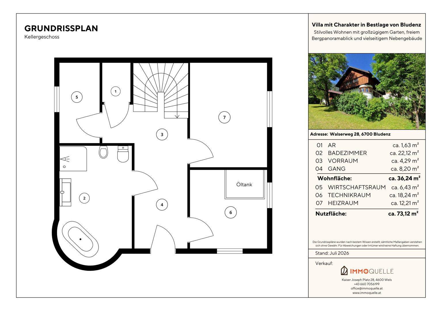 Grundriss des Kellergeschosses mit Badezimmer, Vorraum und Technikraum.