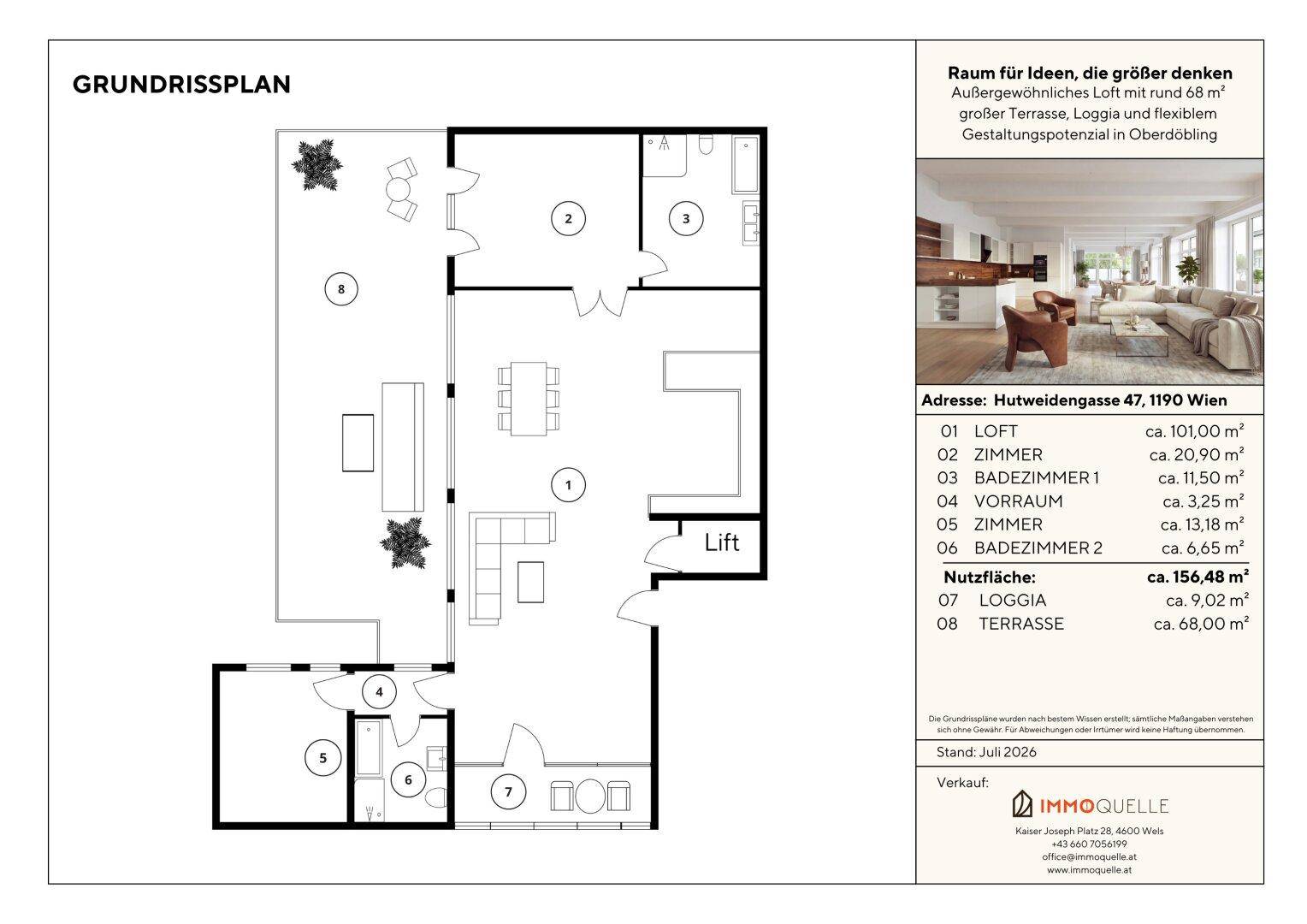 Grundrissplan eines Lofts mit offenem Wohnbereich, zwei Schlafzimmern, Terrasse und Loggia.