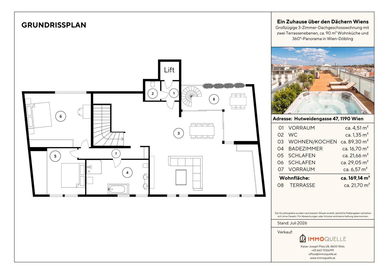 Grundriss der Dachgeschosswohnung mit Wohnküche, Schlafzimmern und Terrasse.
