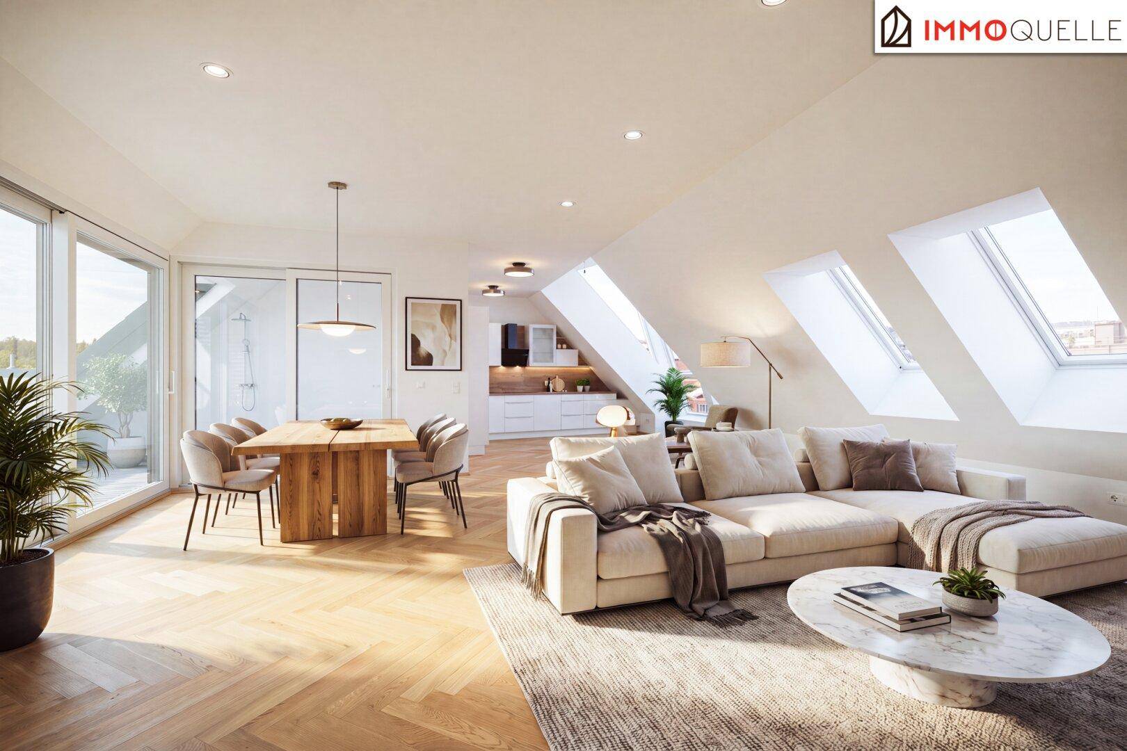 Heller, offener Wohn-Essbereich mit Dachschrägen, Holzboden und modernen Möbeln.