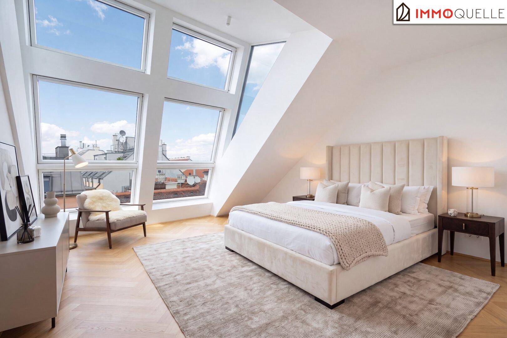 Elegantes Schlafzimmer mit großem Bett, Holzboden und weitem Blick durch die Fensterfront.