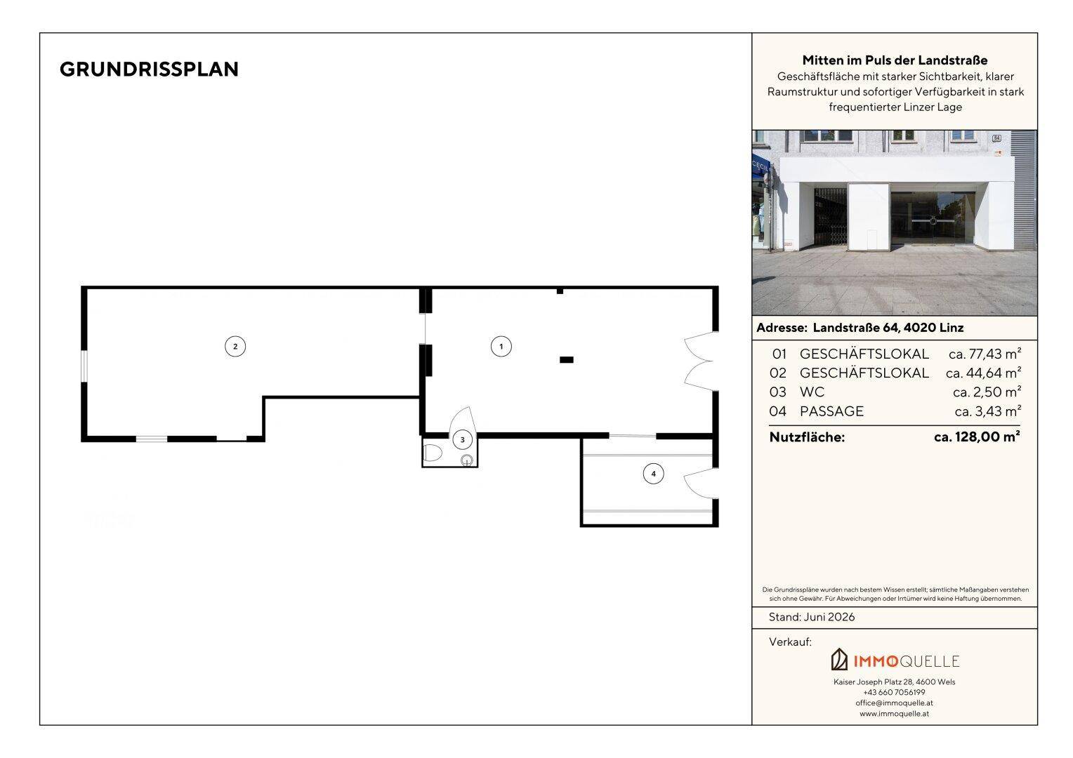 Grundrissplan einer Gewerbefläche mit Aufteilung in mehrere Bereiche und Gesamtfläche von 128 m².