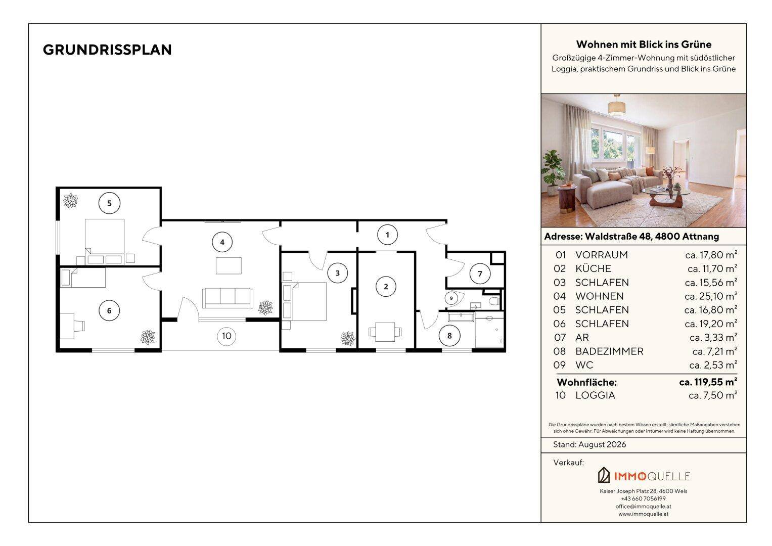 Grundrissplan einer 4-Zimmer-Wohnung mit Loggia und praktischer Raumaufteilung.