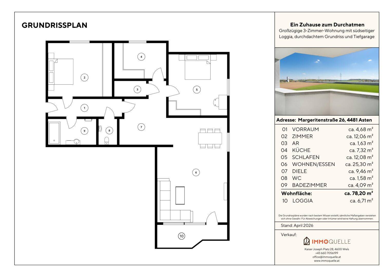 Grundriss einer großzügigen 3-Zimmer-Wohnung mit offener Wohnküche, Loggia und separatem WC.