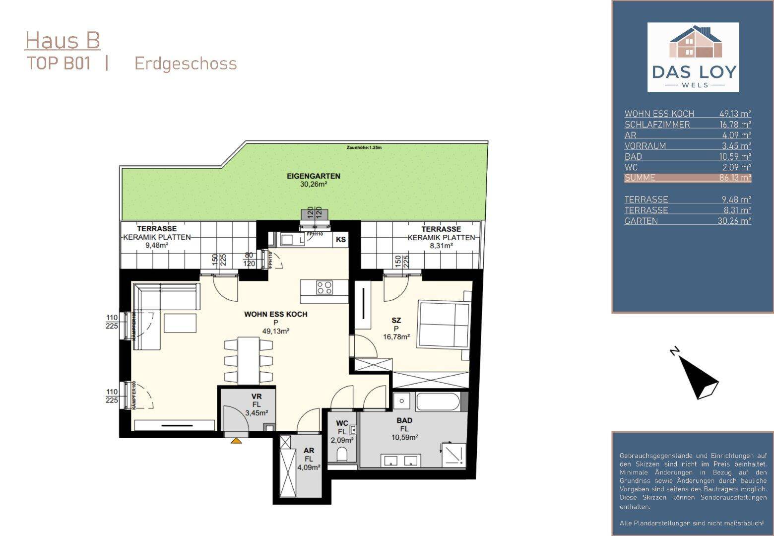 Grundriss der Erdgeschosswohnung mit Wohn-Ess-Kochbereich, Schlafzimmer und Terrassen.