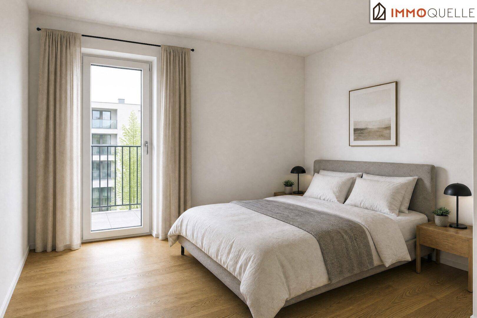Modernes Schlafzimmer mit Doppelbett, Holzboden und Zugang zu einem französischen Balkon.