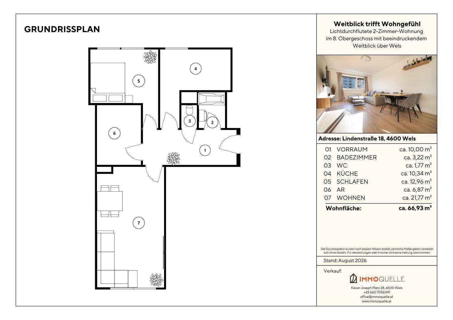 Grundriss einer 2-Zimmer-Wohnung im 8. Obergeschoss mit Wohnfläche von 66,93 m².