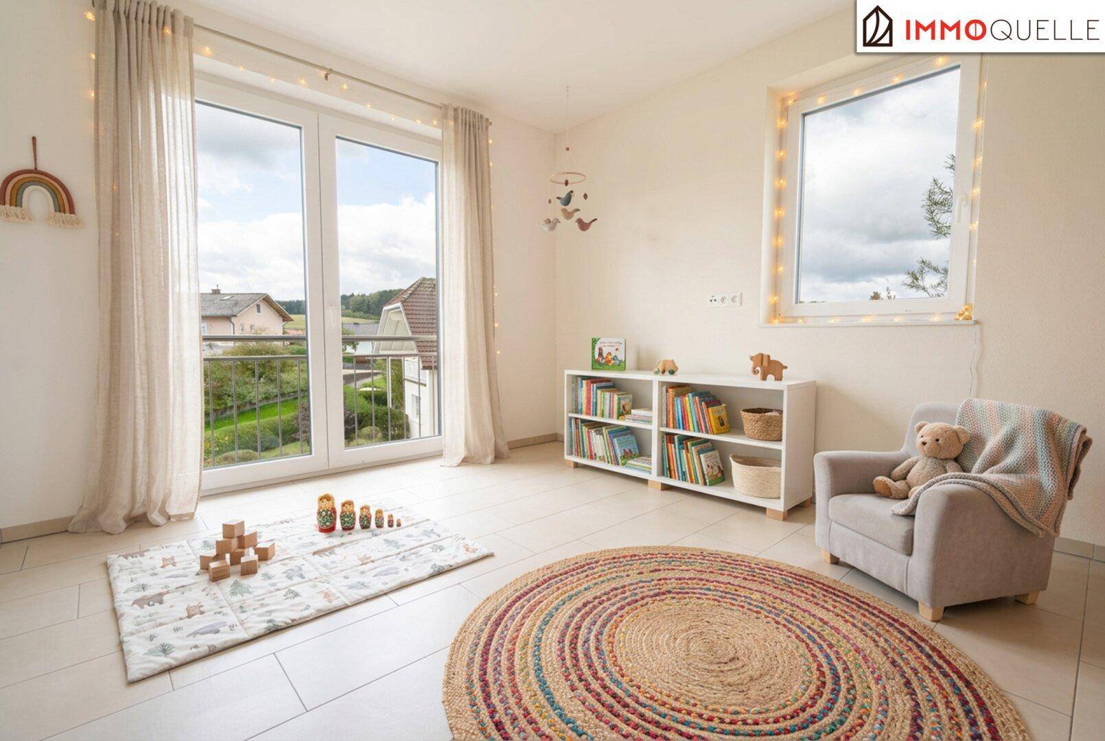 Kinderzimmer mit Fliesenboden, Bücherregal und Zugang zu einem französischen Balkon.