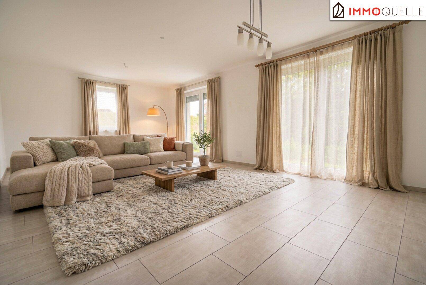 Gemütliches Wohnzimmer mit großem Sofa, hellem Fliesenboden und Zugang zur Terrasse.
