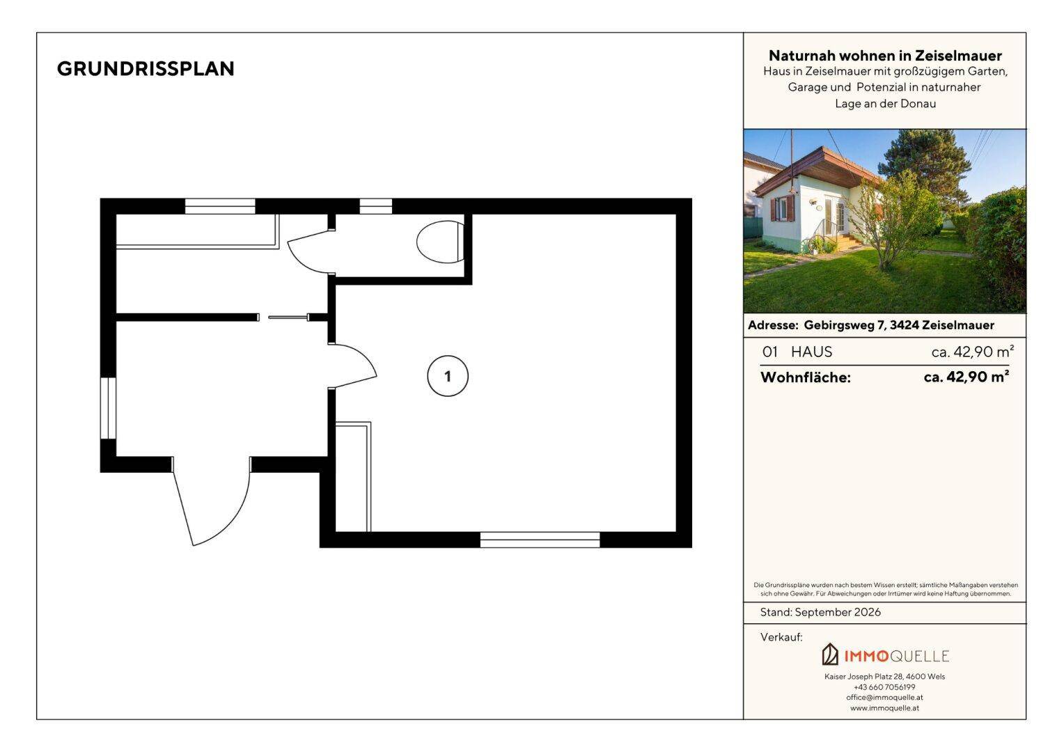 Grundriss des Hauses mit einem Schlafzimmer, Bad und offenem Wohnbereich auf 42,90 m².