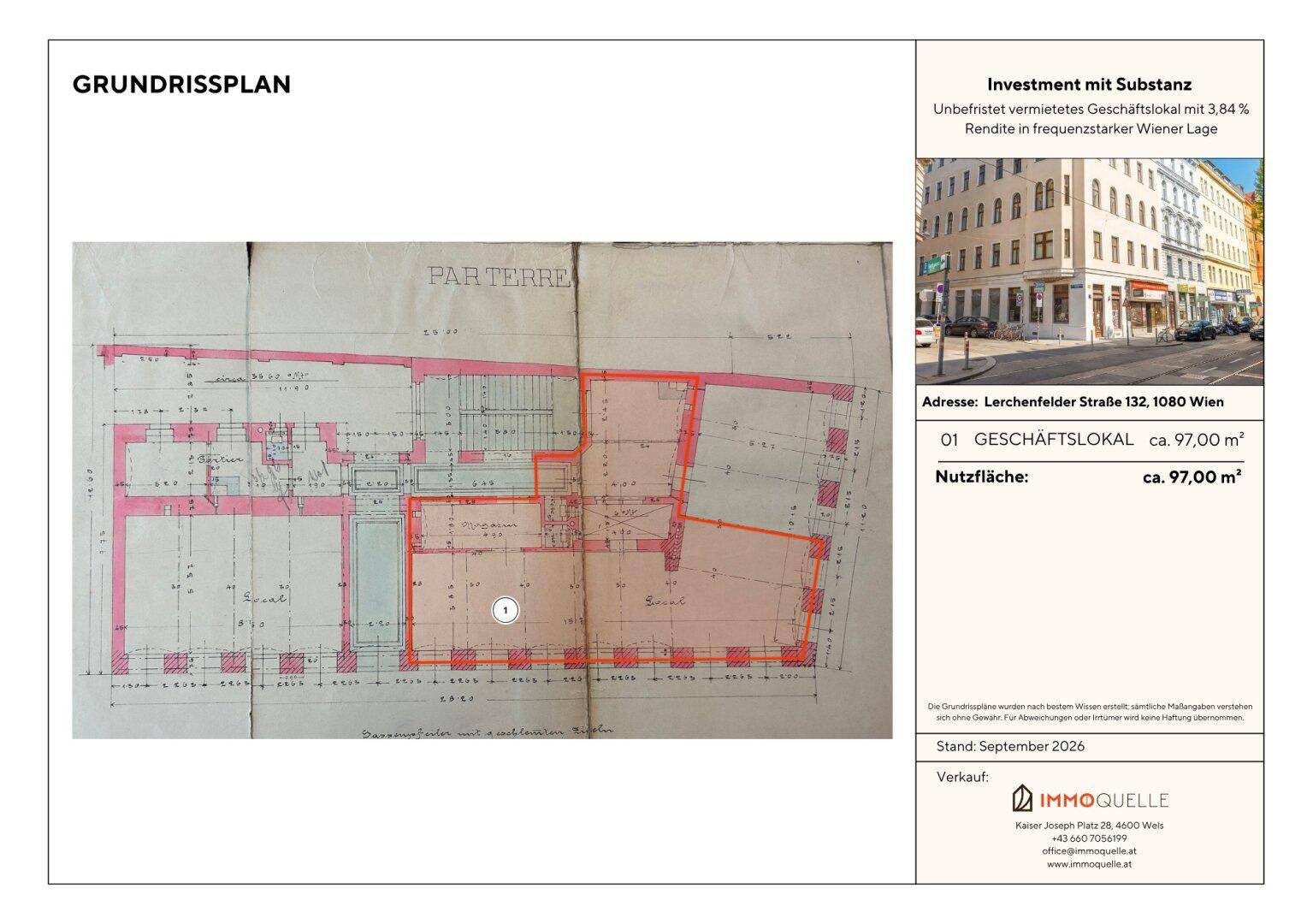 Historischer Grundriss des Erdgeschosses eines Geschäftsgebäudes mit markierten Bereichen und Ladenflächen.