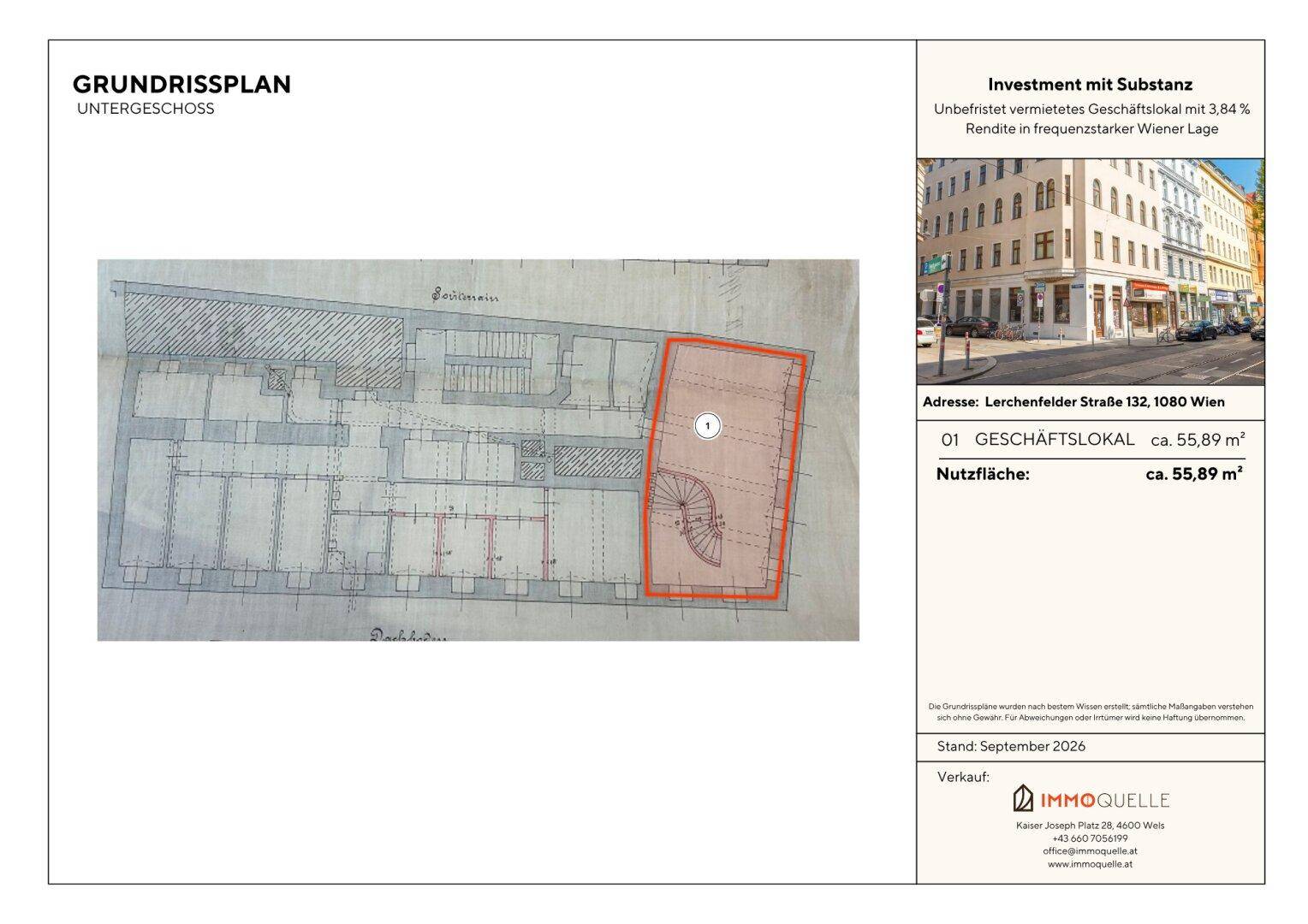 Historischer Grundriss des Untergeschosses mit einer Wendeltreppe und markierten Nutzflächen.