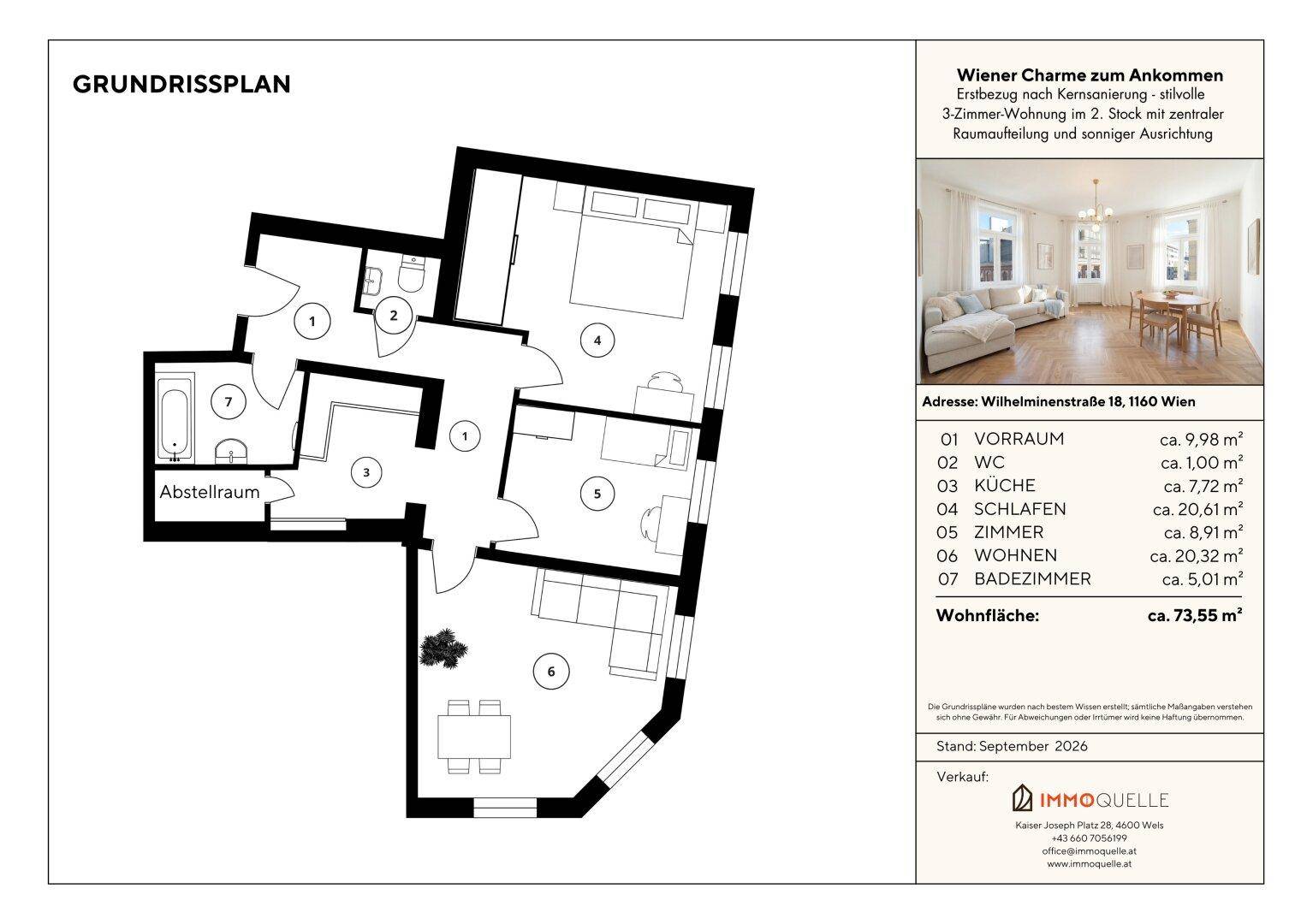 Grundrissplan einer 3-Zimmer-Wohnung mit klarer Raumaufteilung und Flächenangaben.