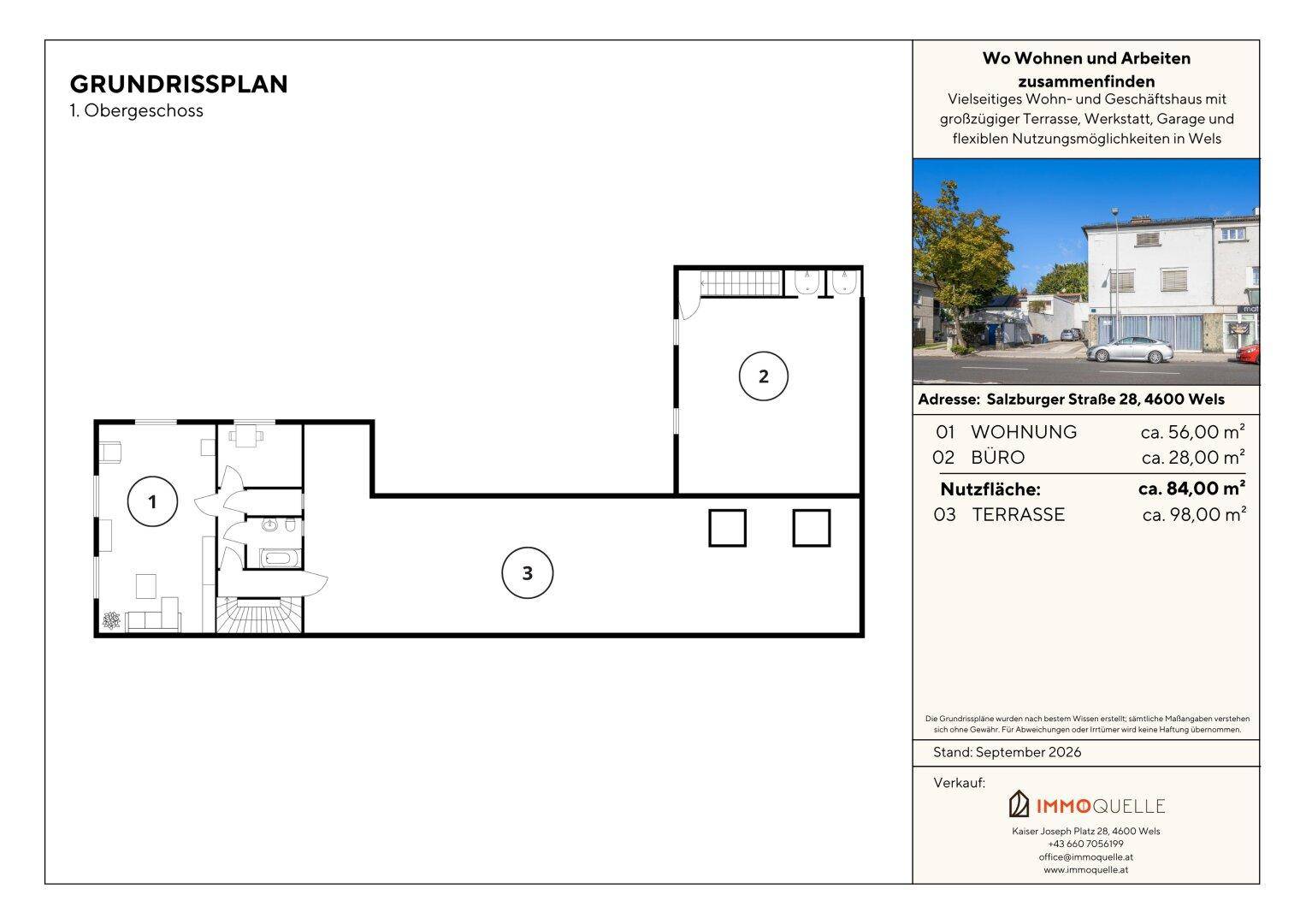 Grundriss des ersten Obergeschosses mit Wohnung, Büro und großer Terrasse.