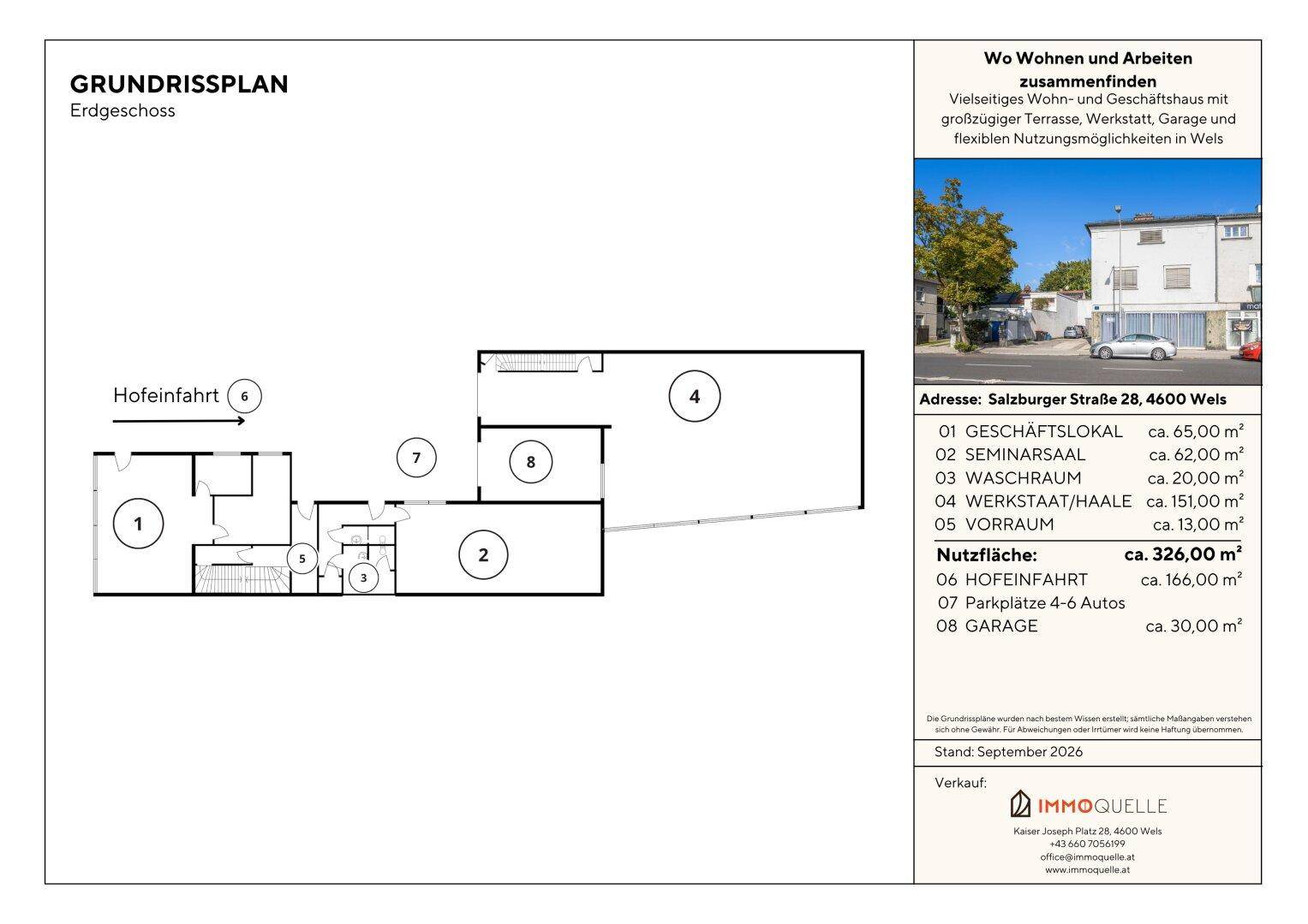Grundriss des Erdgeschosses mit Geschäftsflächen, Seminarraum, Waschraum und Garage.