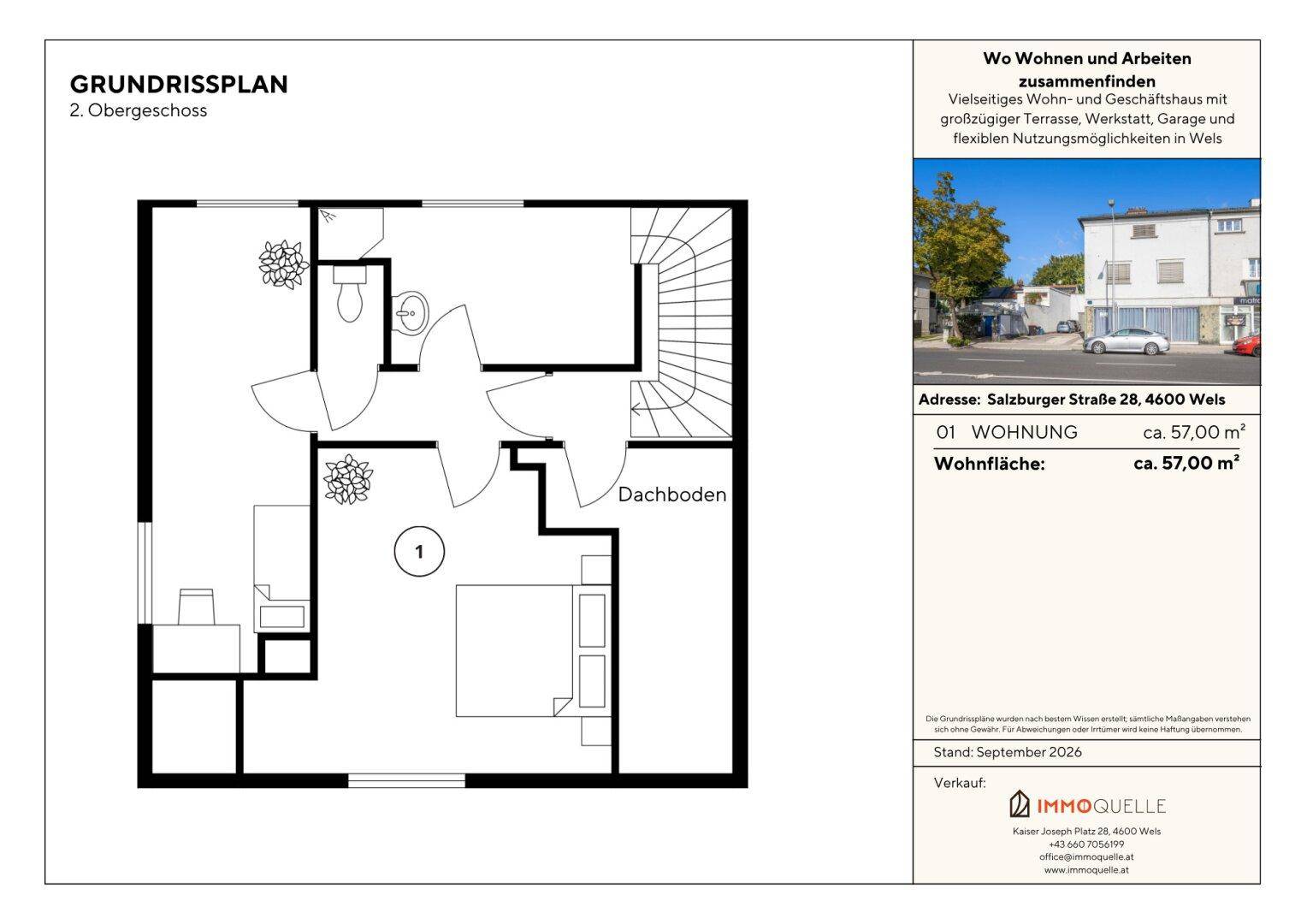 Grundriss des zweiten Obergeschosses mit Wohnung, Schlafzimmer und Badezimmer.