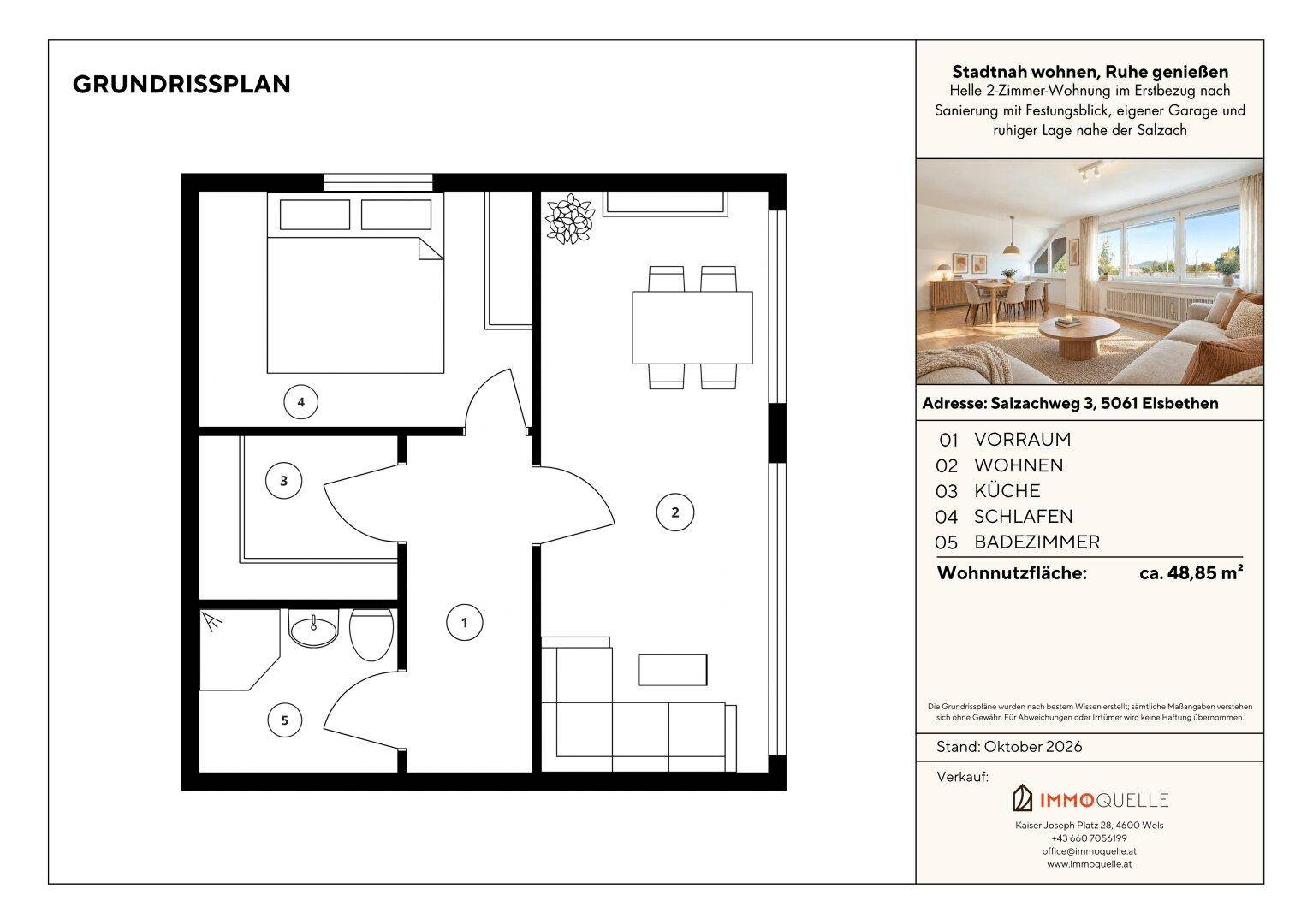 Grundrissplan einer 2-Zimmer-Wohnung mit Wohnfläche von ca. 48,85 m².