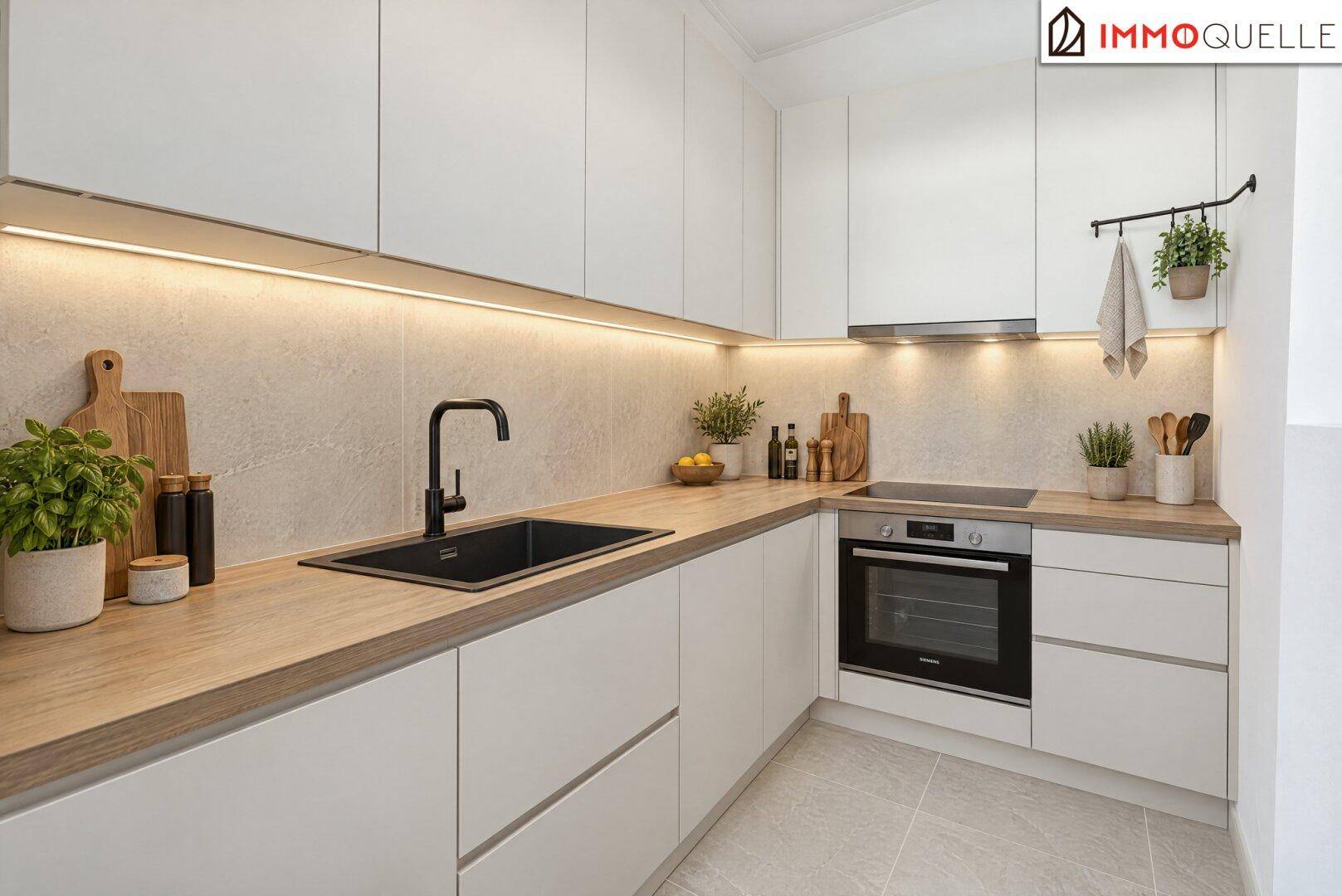 Moderne Einbauküche mit weißen Fronten, Holz-Arbeitsplatten und integrierten Geräten.