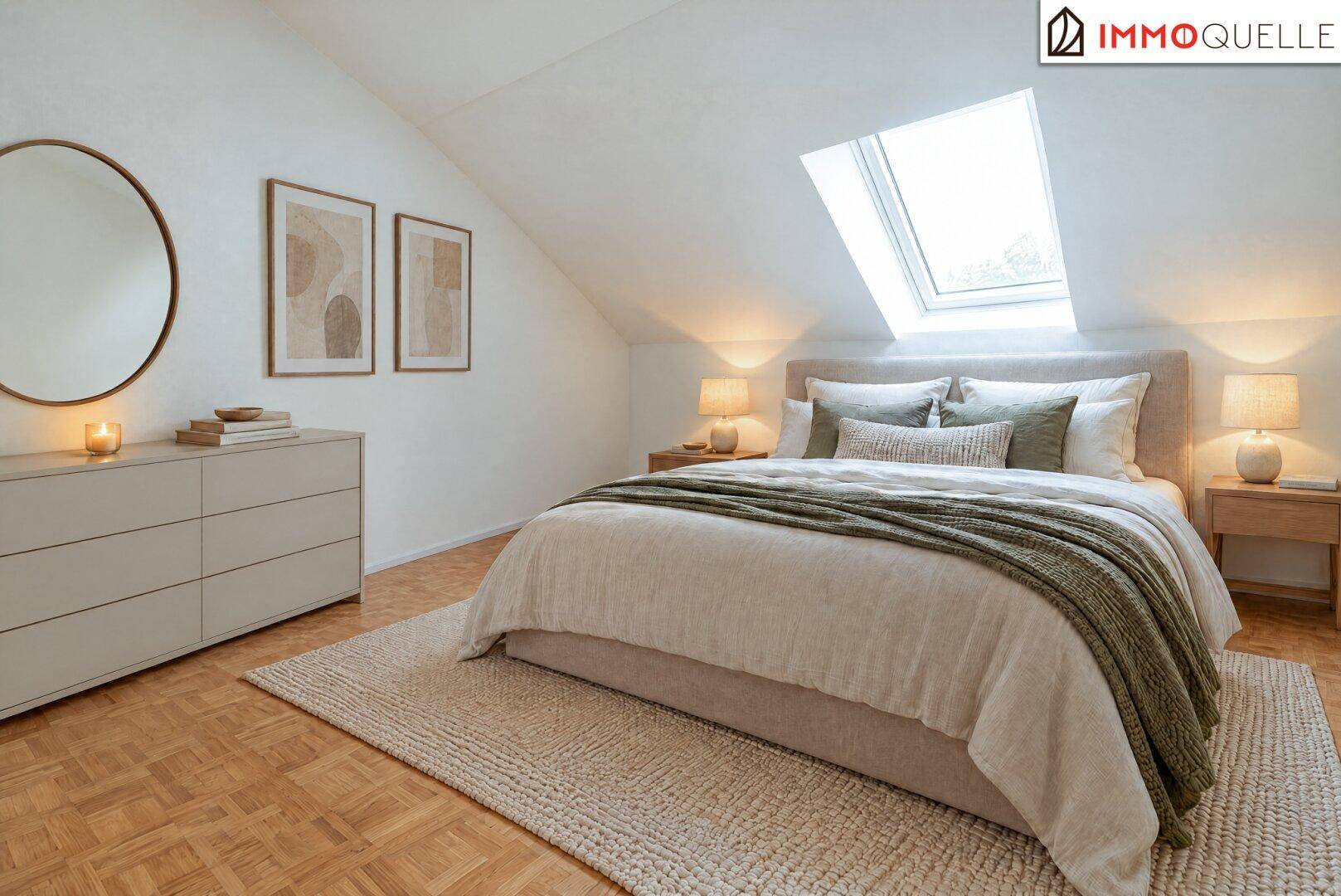 Modern eingerichtetes Schlafzimmer mit Dachfenster, Holzboden und gemütlicher Atmosphäre.