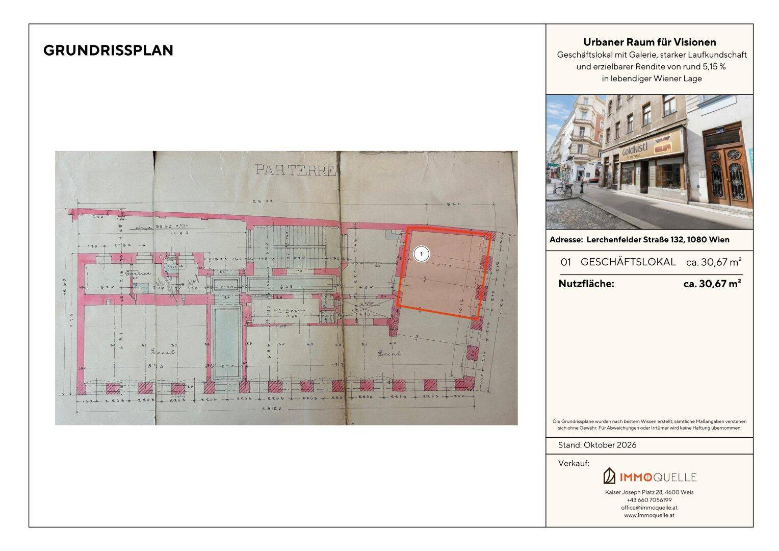 Alter Grundrissplan eines Geschäftslokals mit Galerie, hervorgehoben in Rot, zeigt die Aufteilung des Erdgeschosses.