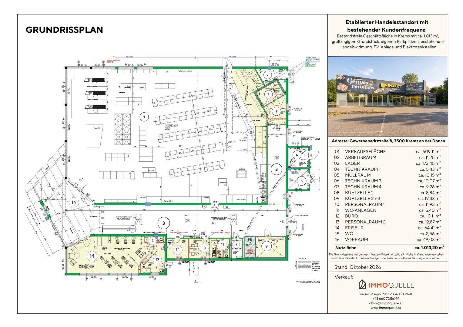 Detaillierter Grundrissplan eines Handelsstandortes mit verschiedenen Funktionsbereichen und Flächenangaben.