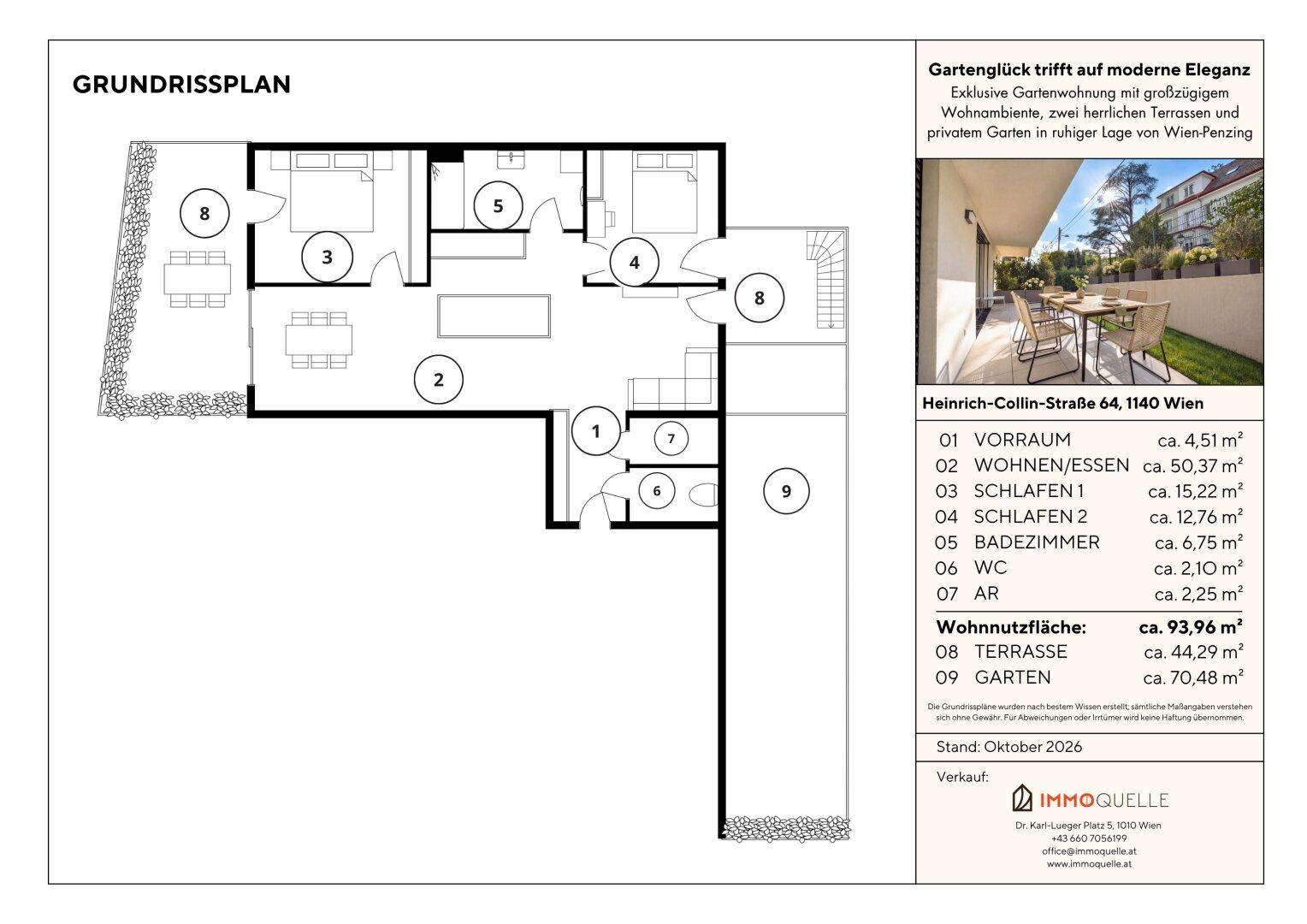 Grundrissplan einer Gartenwohnung mit offenem Wohnbereich, zwei Schlafzimmern, Bad, separatem WC, Abstellraum und Zugang zu zwei Terrassen und einem Garten.