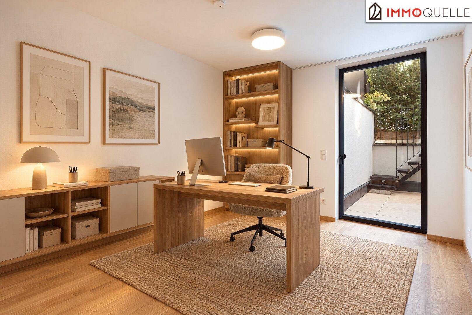 Modernes Arbeitszimmer mit Holzboden, Schreibtisch und Bücherregal, mit Zugang zur Terrasse.