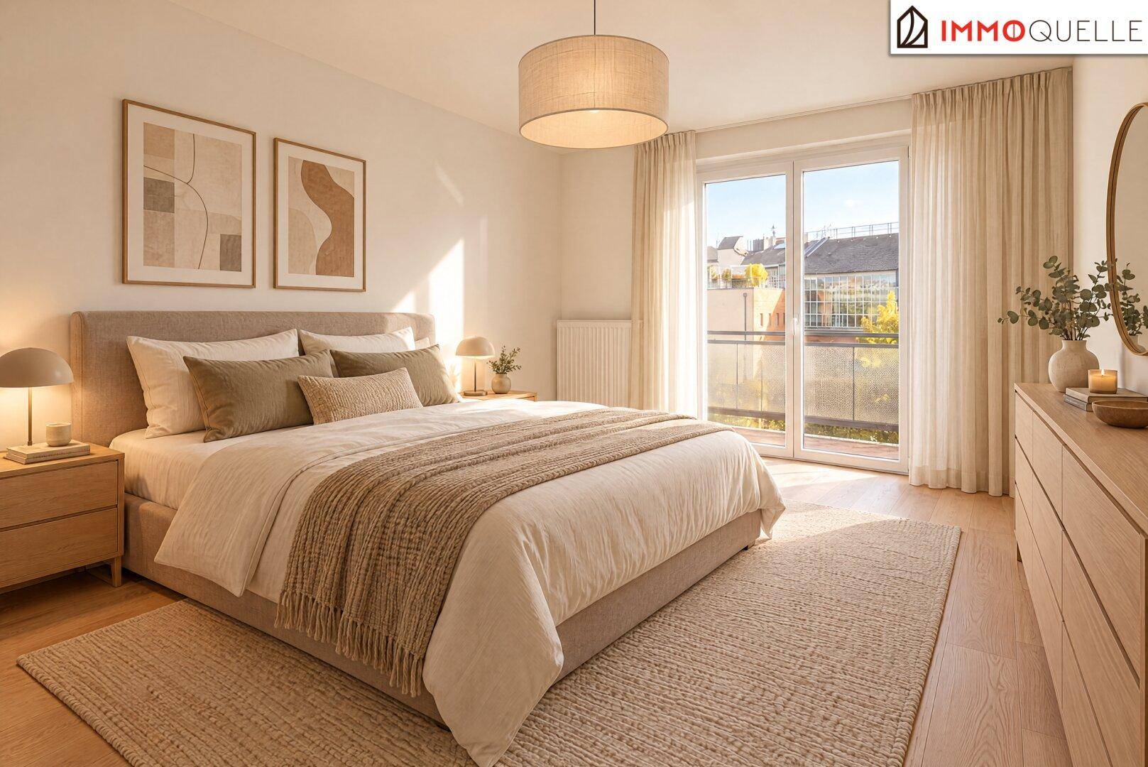 Helles Schlafzimmer mit modernem Bett, Holzmöbeln und Zugang zum sonnigen Balkon.