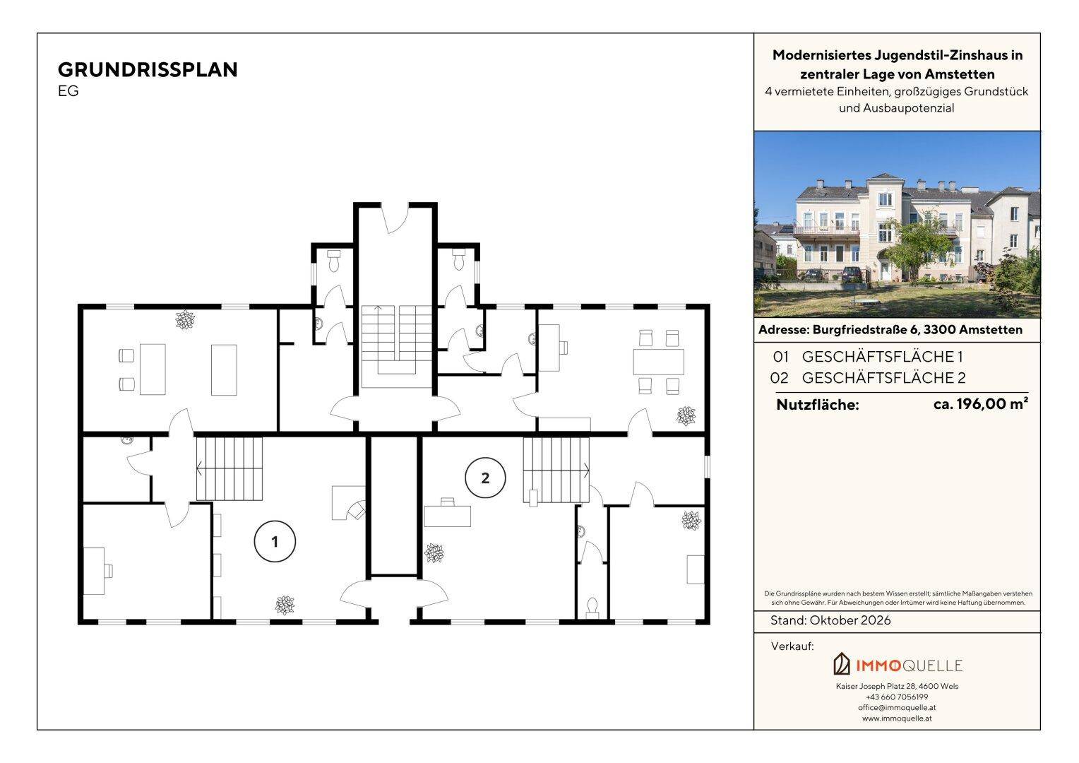 Grundrissplan des Erdgeschosses mit zwei Geschäftsflächen in einem modernisierten Jugendstil-Zinshaus.