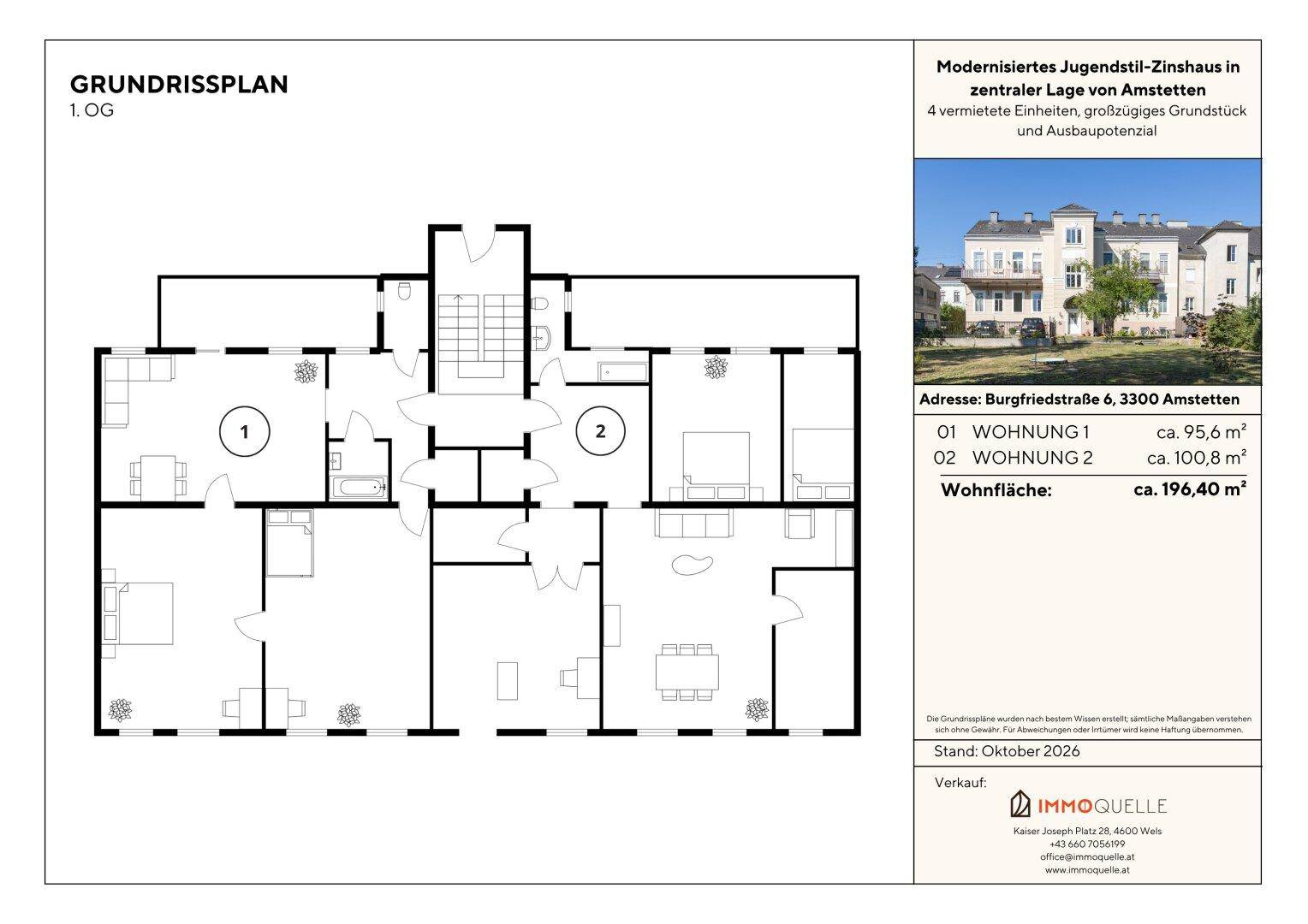 Grundrissplan des ersten Obergeschosses mit zwei Wohnungen in einem eleganten Jugendstil-Gebäude.