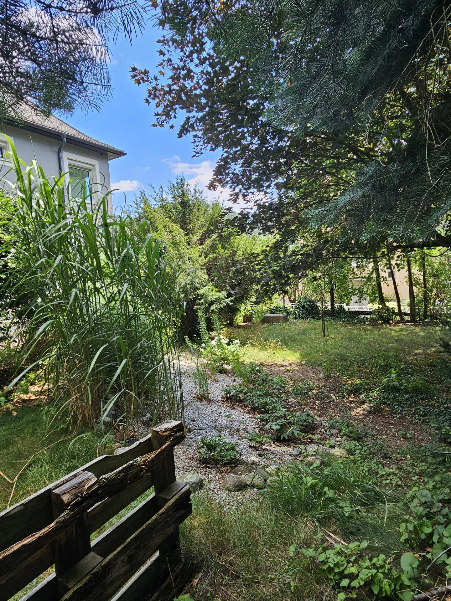 Naturbelassener Gartenweg mit Kies und vielfältiger Bepflanzung neben dem Haus.