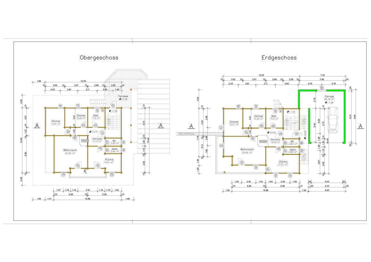 Grundriss des Obergeschosses und Erdgeschosses mit Raumaufteilung und integrierter Garage.