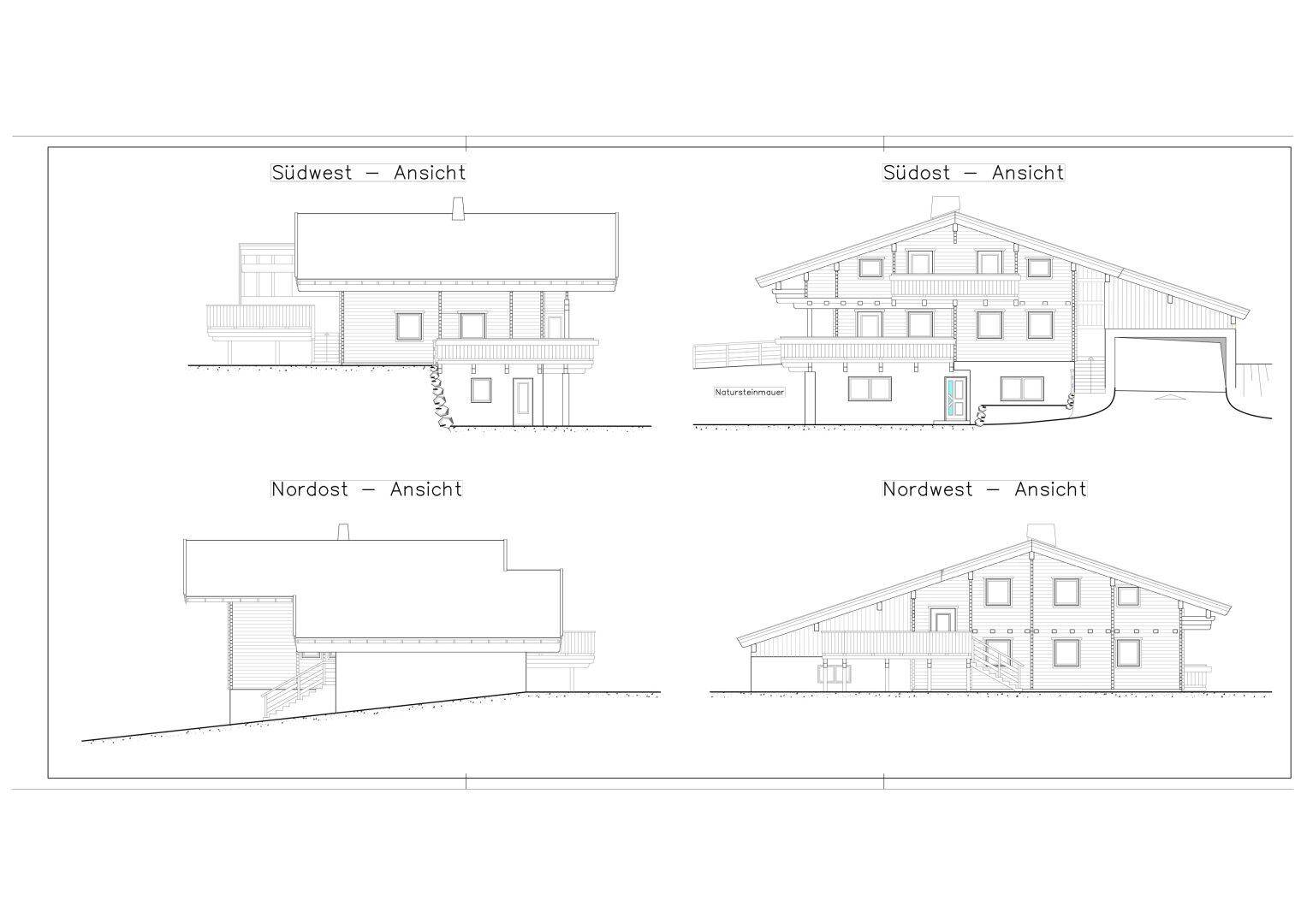 Ansichten des Gebäudes von Südwest, Südost, Nordost und Nordwest mit verschiedenen Dachformen.
