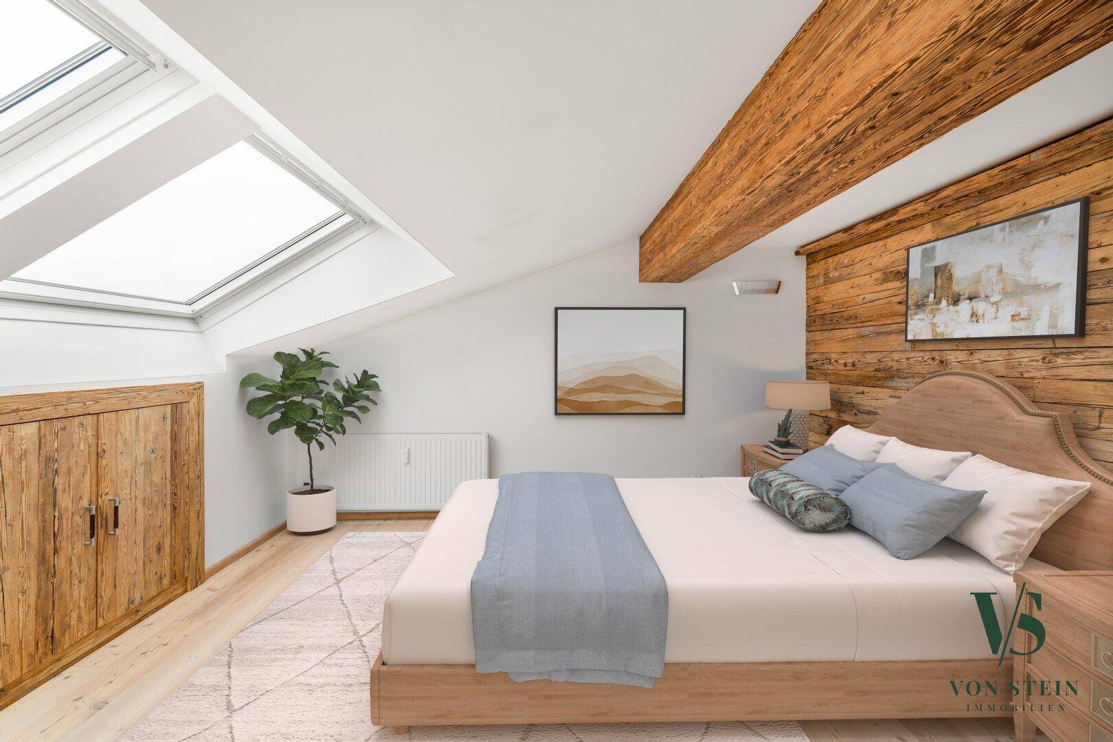 Helles Schlafzimmer im Dachgeschoss mit Holzwand, Dachfenstern und Holzbalken.