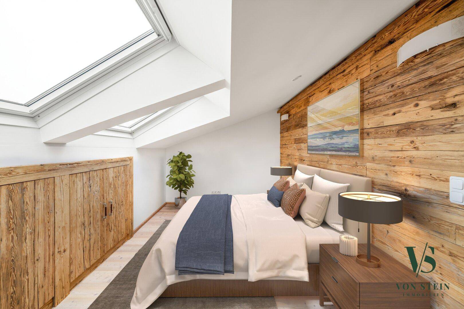 Gemütliches Schlafzimmer mit Holzwandverkleidung, Dachfenstern und modernem Bett.