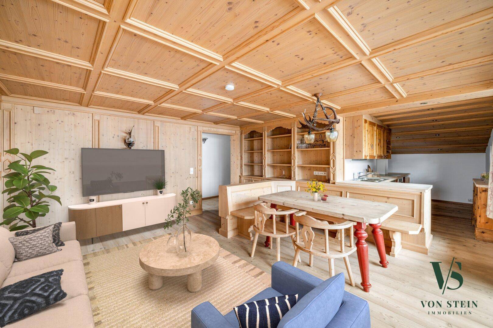Traditioneller Wohnbereich mit Holzboden, Kassettendecke und gemütlicher Sitzecke.