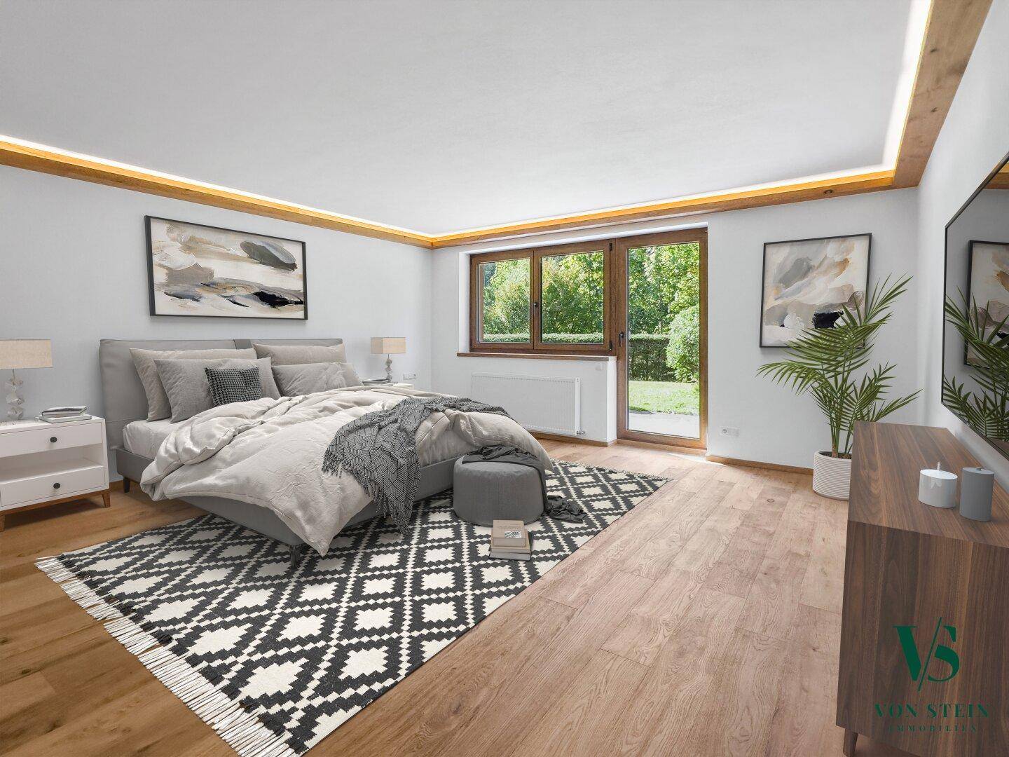 Geräumiges Schlafzimmer mit Holzboden, modernem Bett und großem Fenster zum Garten.