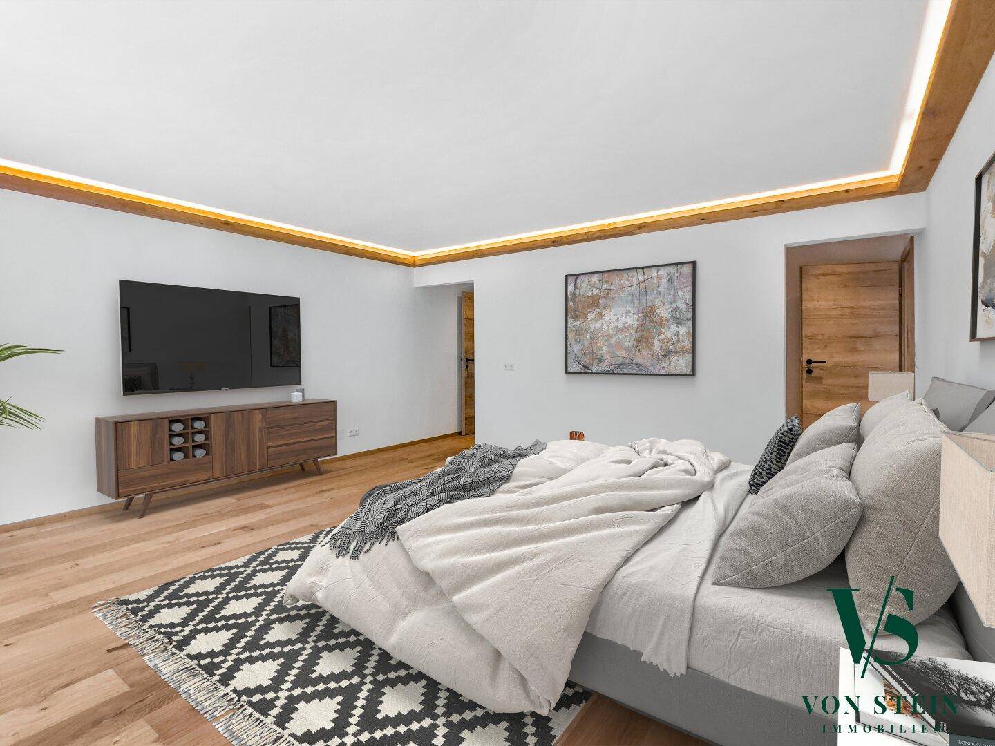 Modern eingerichtetes Schlafzimmer mit Holzboden und einem Fernseher auf einem Sideboard.