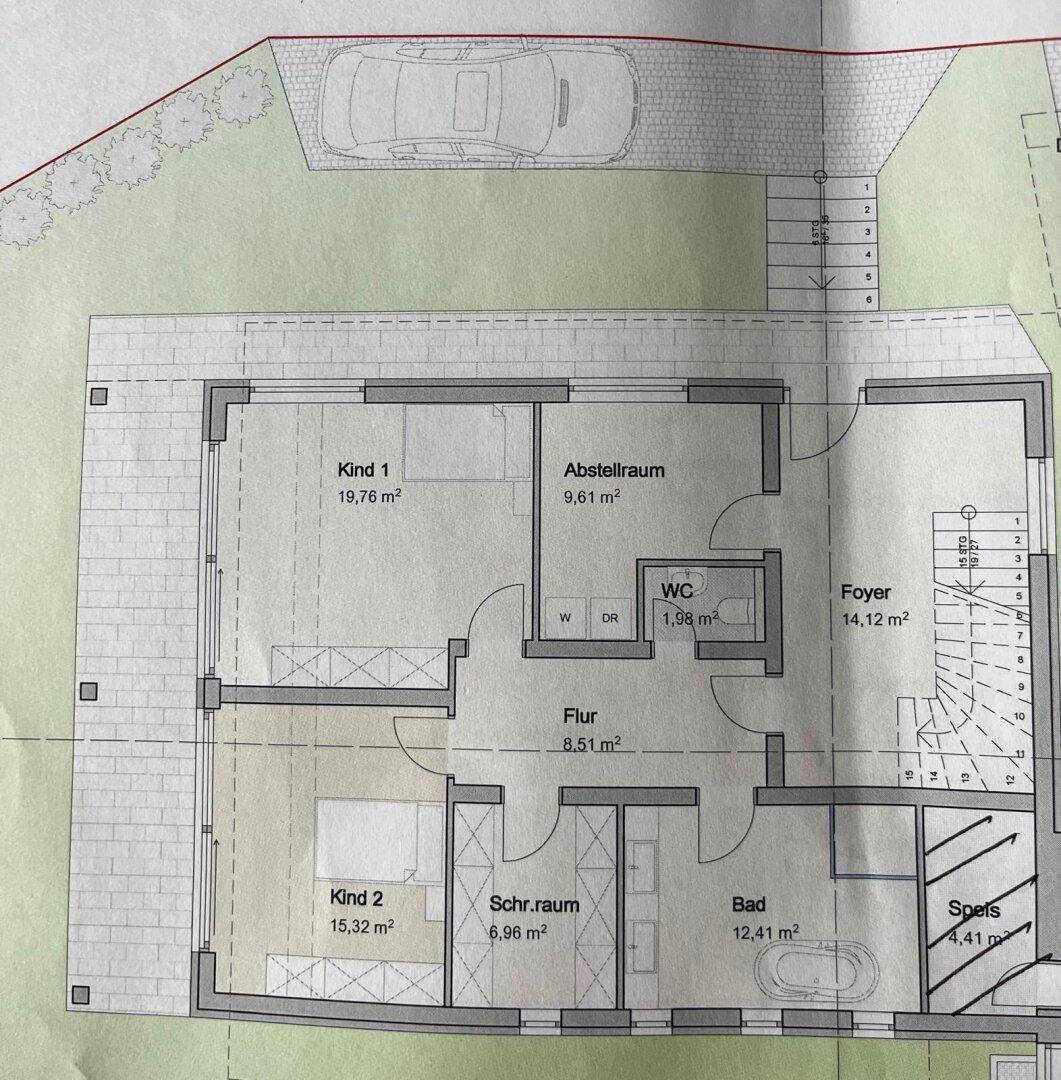 Grundriss des Obergeschosses mit Kinderzimmern, Bad, Abstellraum und Flur.