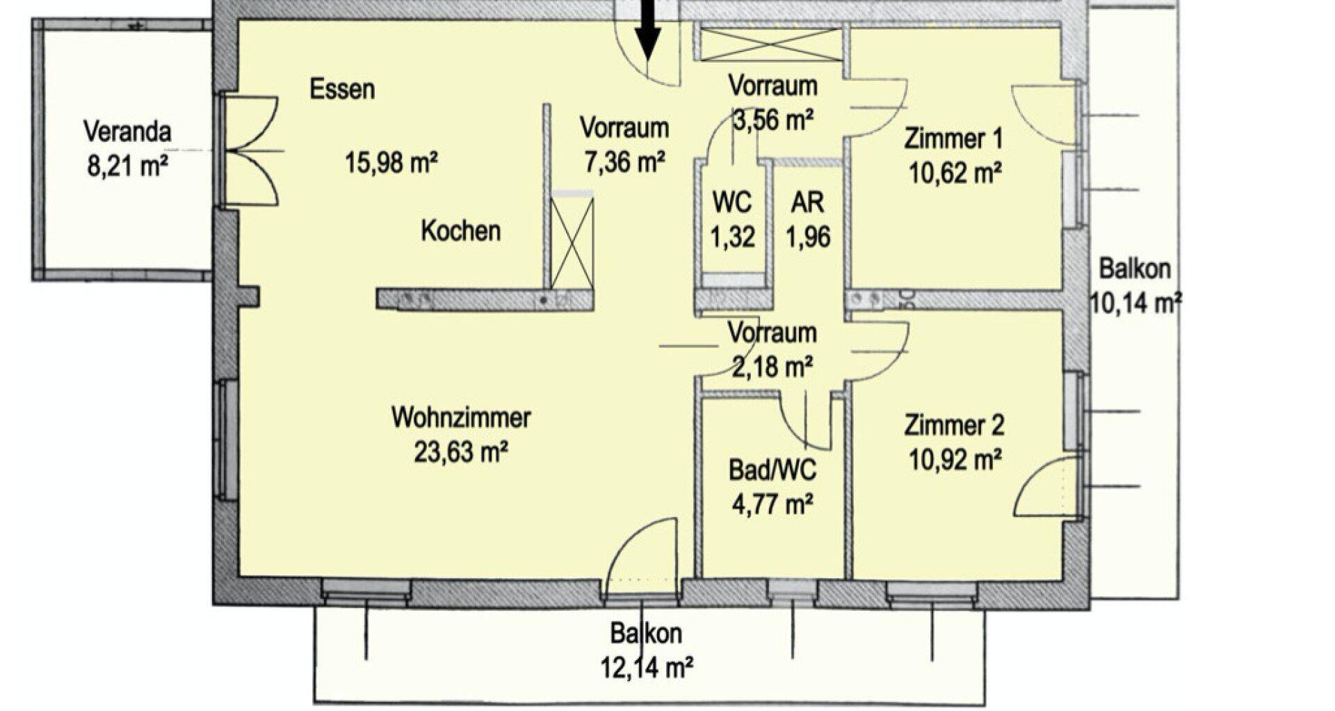 Detaillierter Grundriss der Wohnung mit Wohnzimmer, Küche, Schlafzimmern und Balkonen.