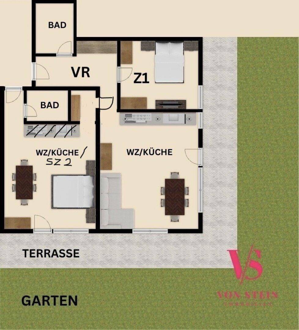 Grundriss zeigt die Aufteilung der Wohnbereiche mit Terrasse und Garten.