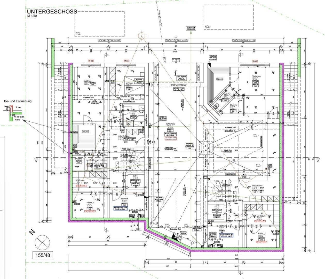 Grundriss des Untergeschosses mit Garage und verschiedenen Funktionsräumen.