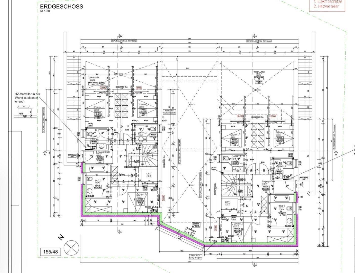 Grundriss des Erdgeschosses mit Wohnbereichen, Terrassen und Schlafzimmern.
