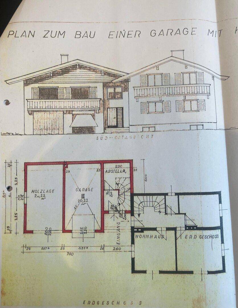Bauplan für eine Garage und das Erdgeschoss des Wohnhauses mit Abstellraum.