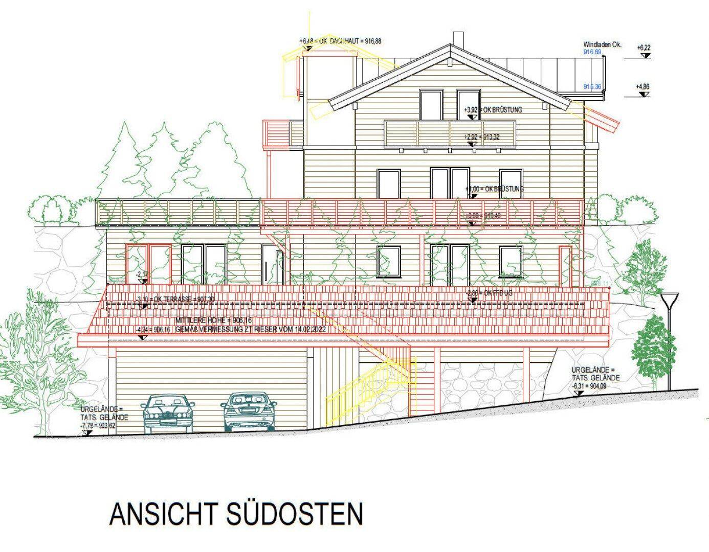 Architektonische Ansicht der Südostfassade des Hauses mit Balkonen und Garage.