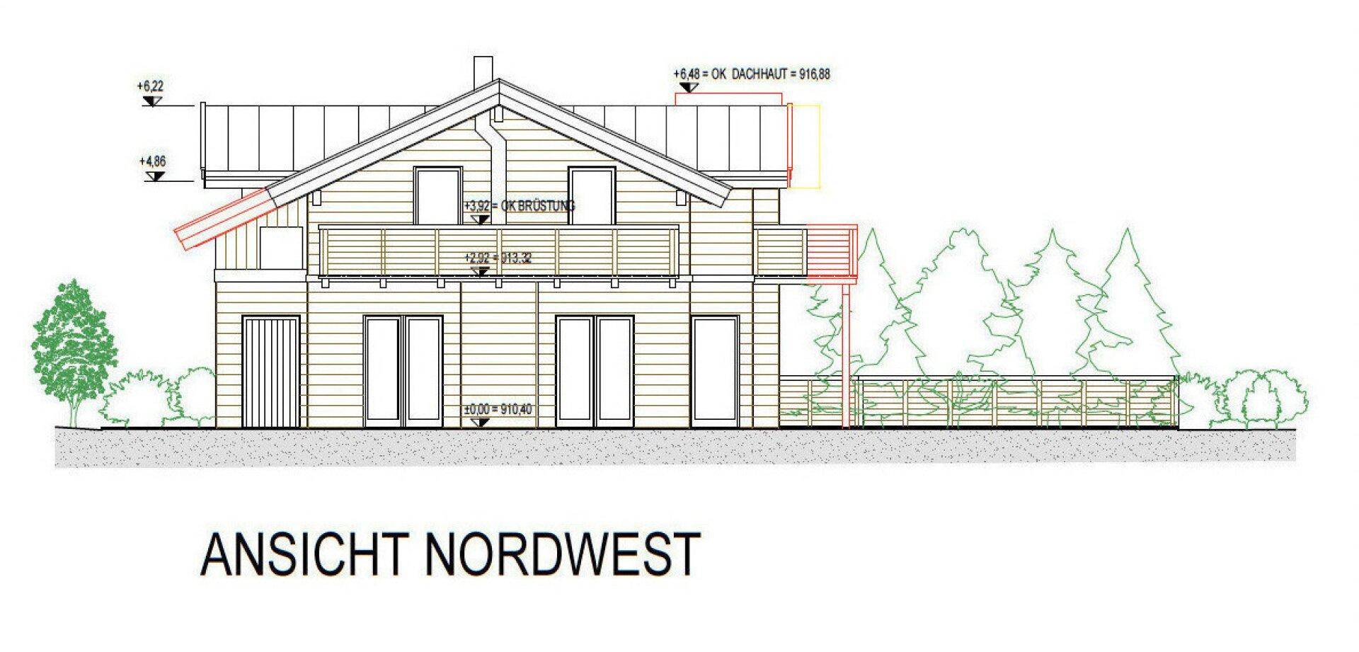 Architektonische Ansicht der Nordwestfassade des Hauses mit Holzverkleidung.
