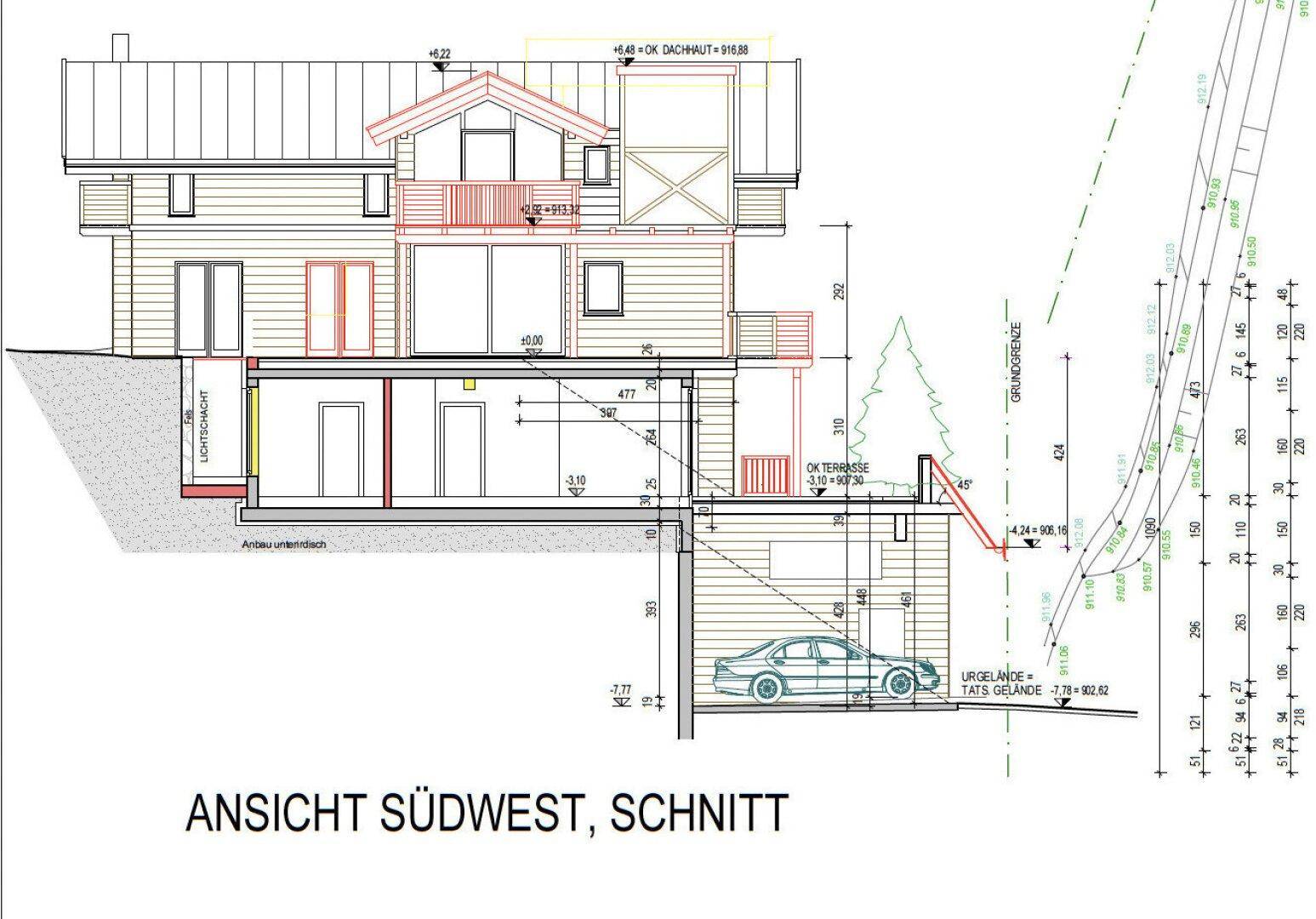 Architektonischer Schnitt durch das Haus mit Tiefgarage und verschiedenen Ebenen.