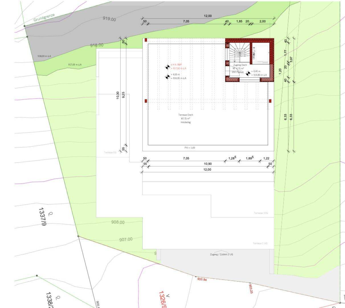 Grundriss des Dachgeschosses mit einer großen Dachterrasse und Zugang zum Treppenhaus.