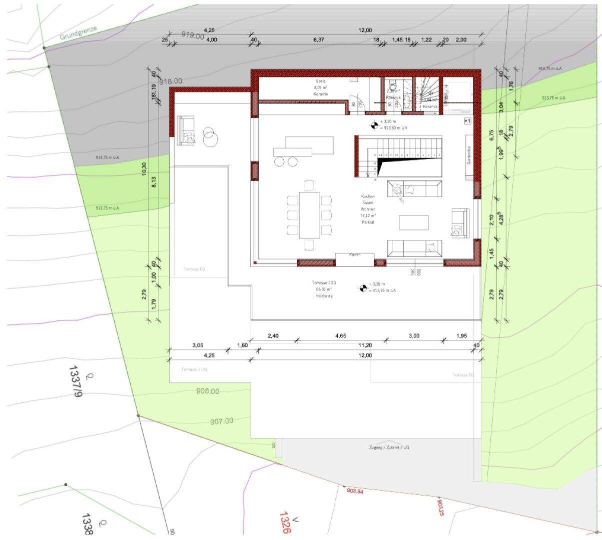 Grundriss des Hauptwohnbereichs mit offener Küche, Essbereich, Wohnzimmer und großer Terrasse.